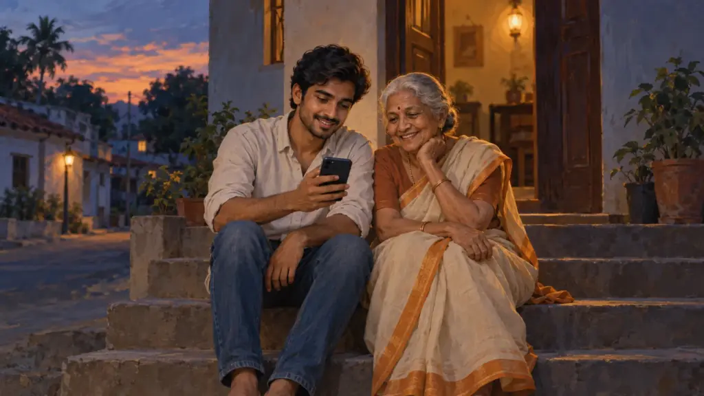A young man and his grandmother look at his phone together on the front steps of their home at dusk