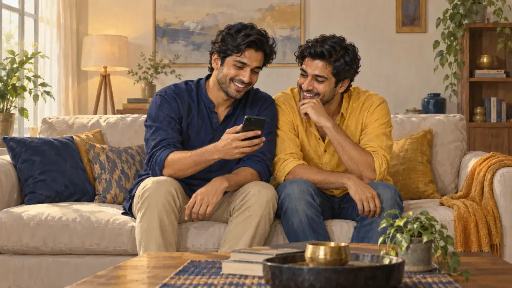 Two look alike brothers laugh on a sofa as one shows the other something on his phone