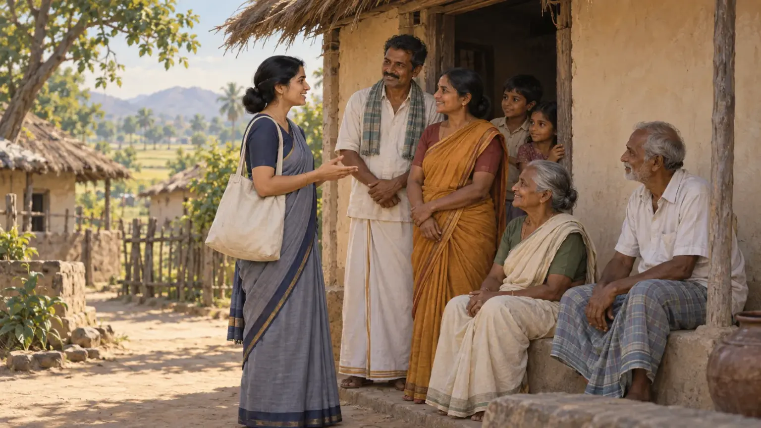 A woman electoral official talks with a family at their door during a house to house visit in a village