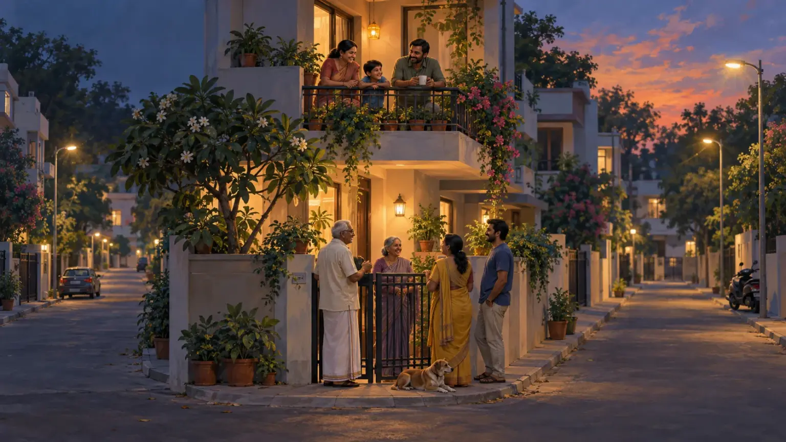 A calm residential street on the evening before polling day, a family on their balcony and neighbours chatting