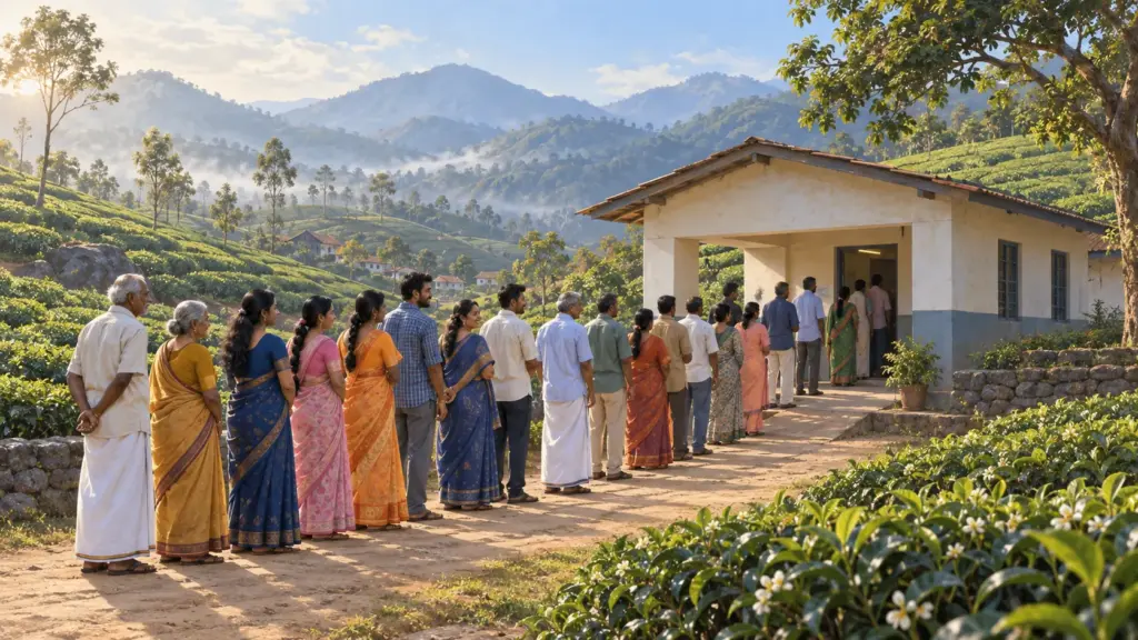 A long, orderly queue of voters of all ages outside a rural polling station among green tea gardens