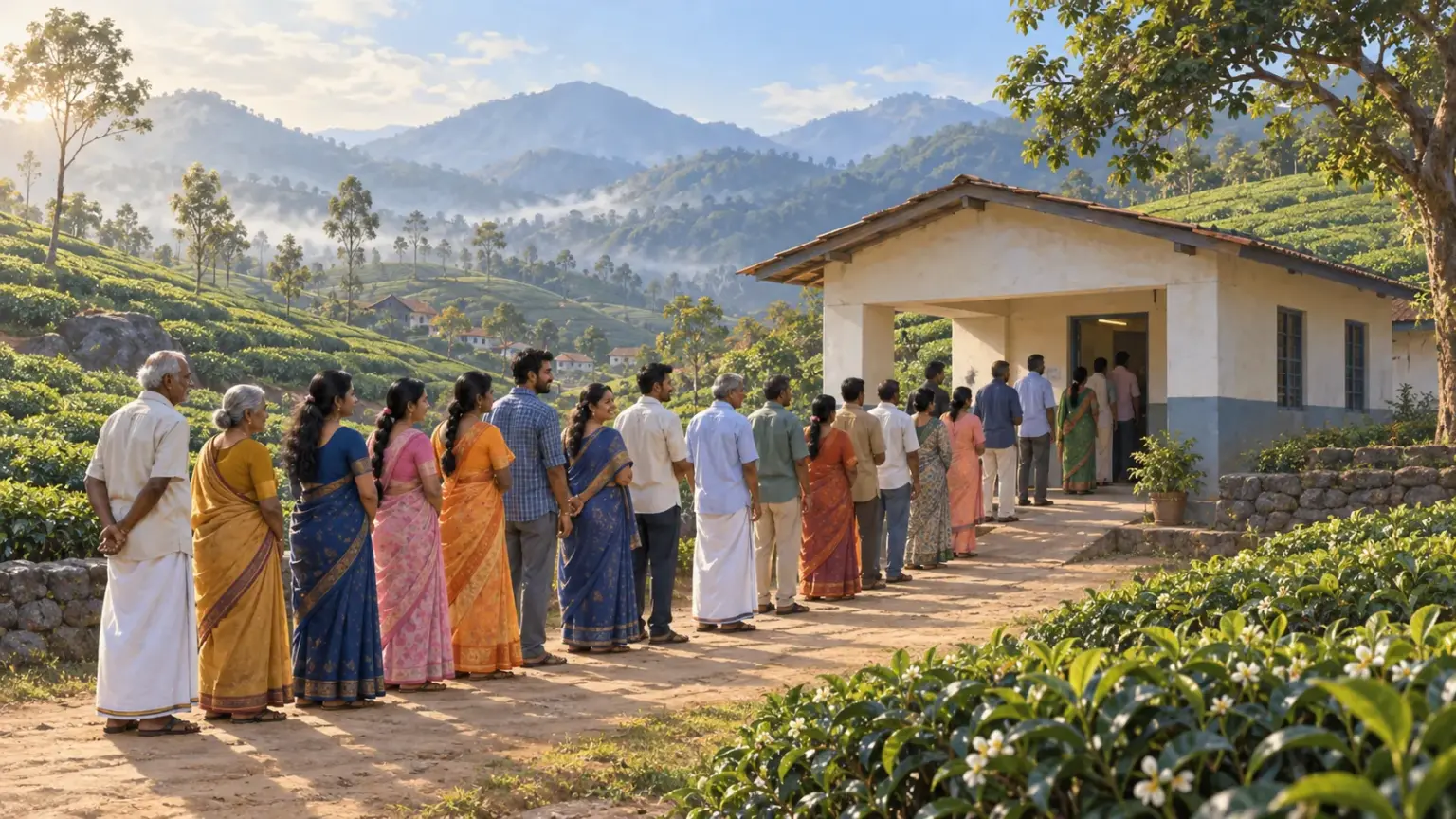 A long, orderly queue of voters of all ages outside a rural polling station among green tea gardens