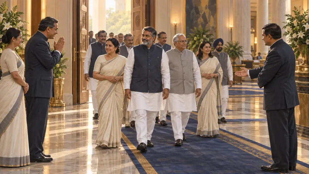 How the President of India Is Elected 2 Legislators in formal Indian attire file into a grand domed hall to vote