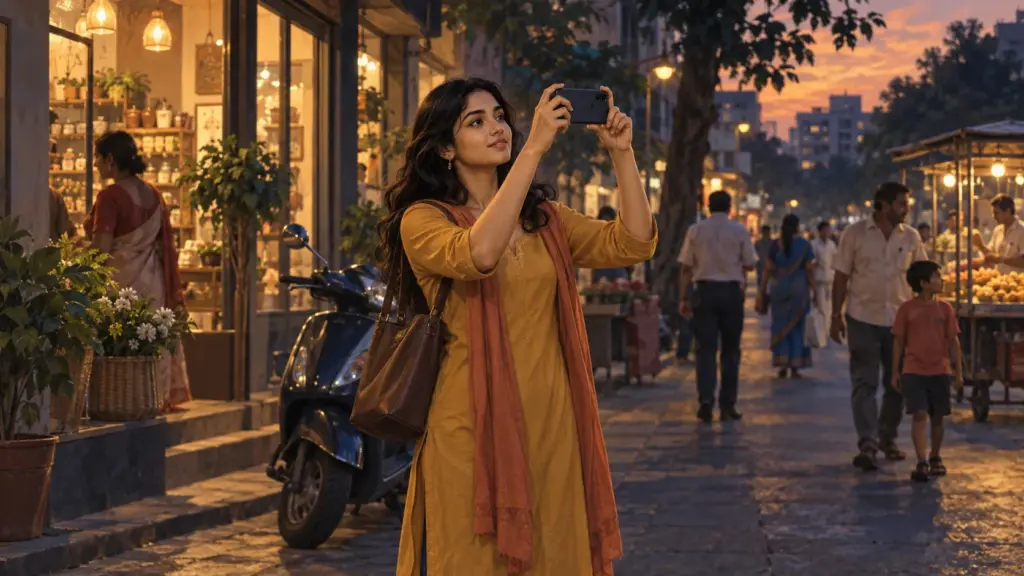 A young woman holds up her phone to photograph something on a street in the evening