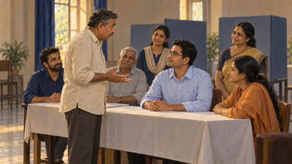 A surprised voter speaks earnestly with a calm presiding officer at the polling station table