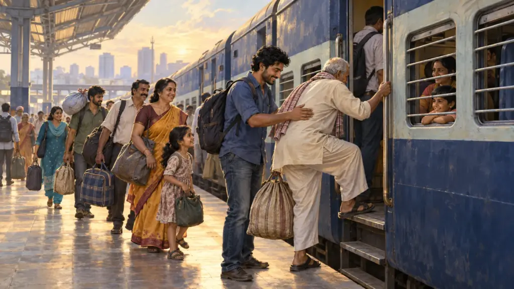 Workers with bags board a long distance train home, a young man helping an older man up the step