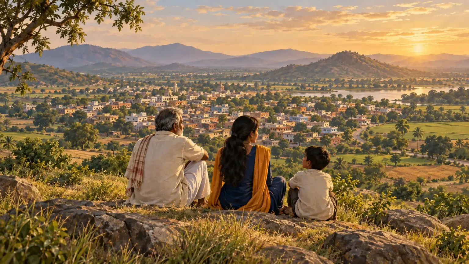 Three townspeople on a hilltop look out over a small town and the villages and fields around it