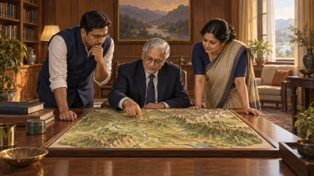 What Is Delimitation? 1 Commission members, including a grey haired retired judge, study a large relief map spread on a table