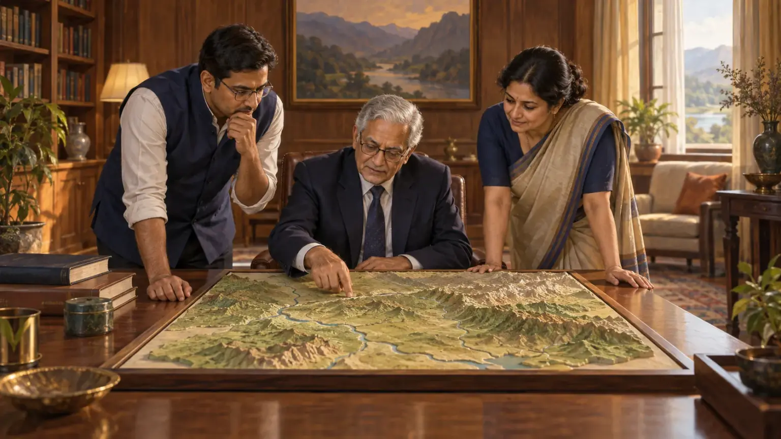 Commission members, including a grey haired retired judge, study a large relief map spread on a table