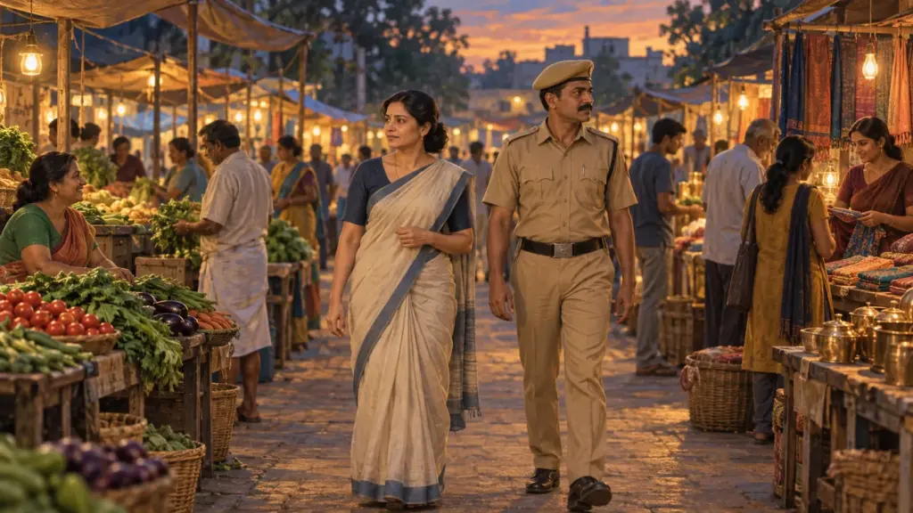An election observer and a police officer walk quietly through a busy evening market
