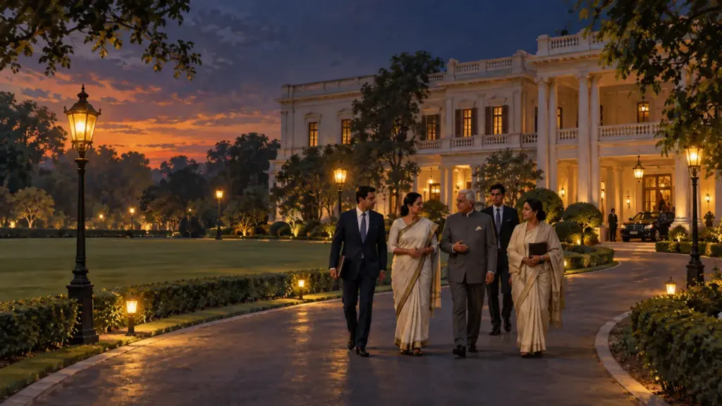 What Is President's Rule? 4 Officials walk along the drive of a stately government house at dusk as the lamps come on