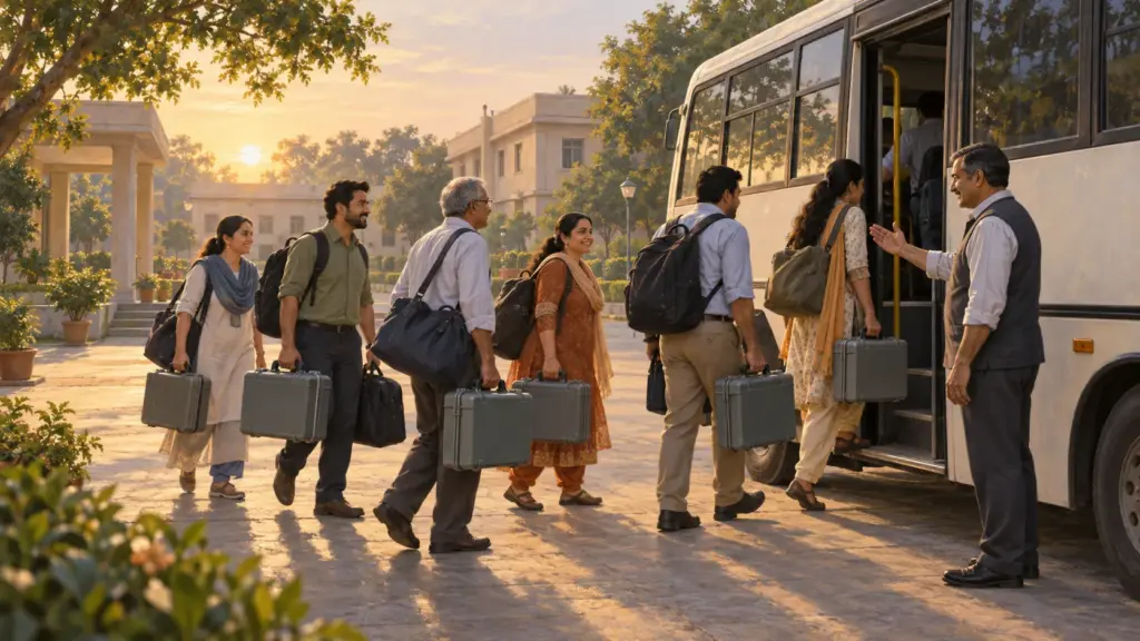 Who Actually Runs Indian Elections 3 A polling team of men and women board a bus with sealed equipment at dawn before polling day