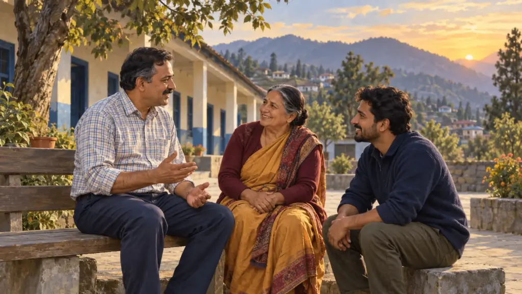 A friendly Booth Level Officer chats with two neighbours on a bench outside a primary school in a hill town
