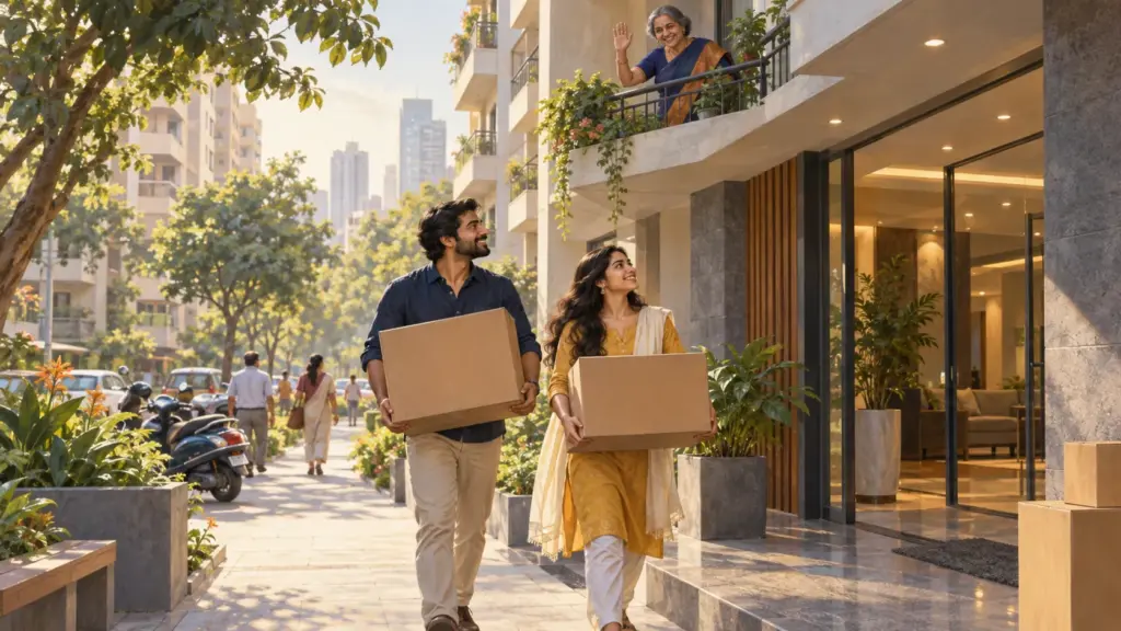 A young couple carry moving boxes into their new apartment building as a neighbour waves from a balcony