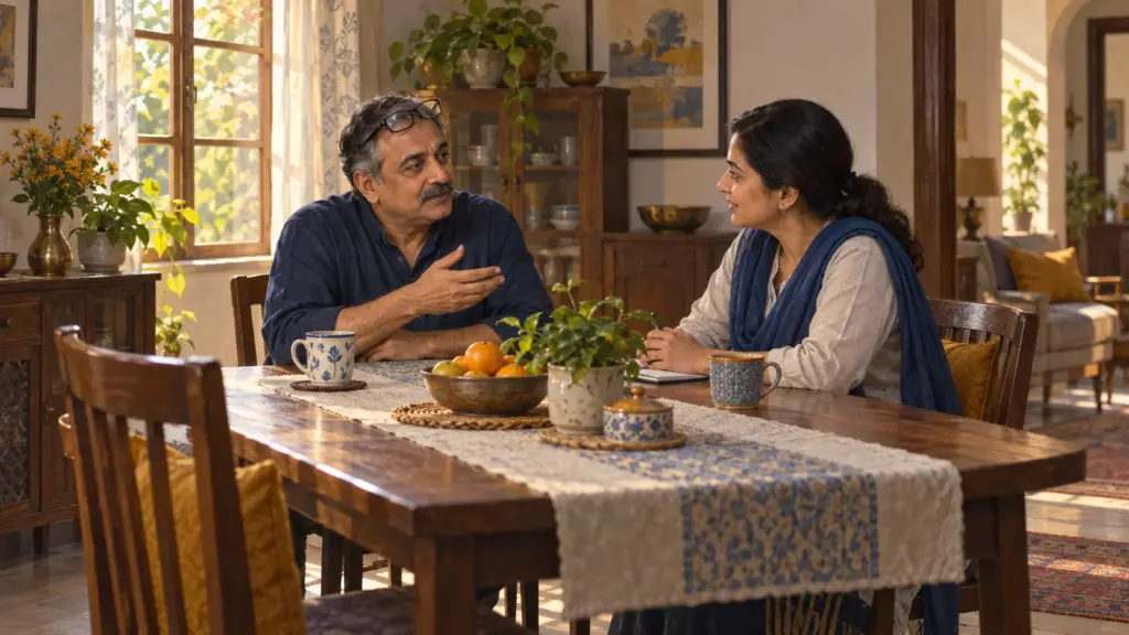 A man talks calmly with a visiting woman electoral official at his dining table in afternoon light