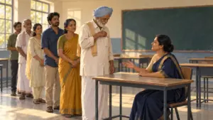 A polling officer greets an older man at the table in a school classroom polling station as voters wait behind