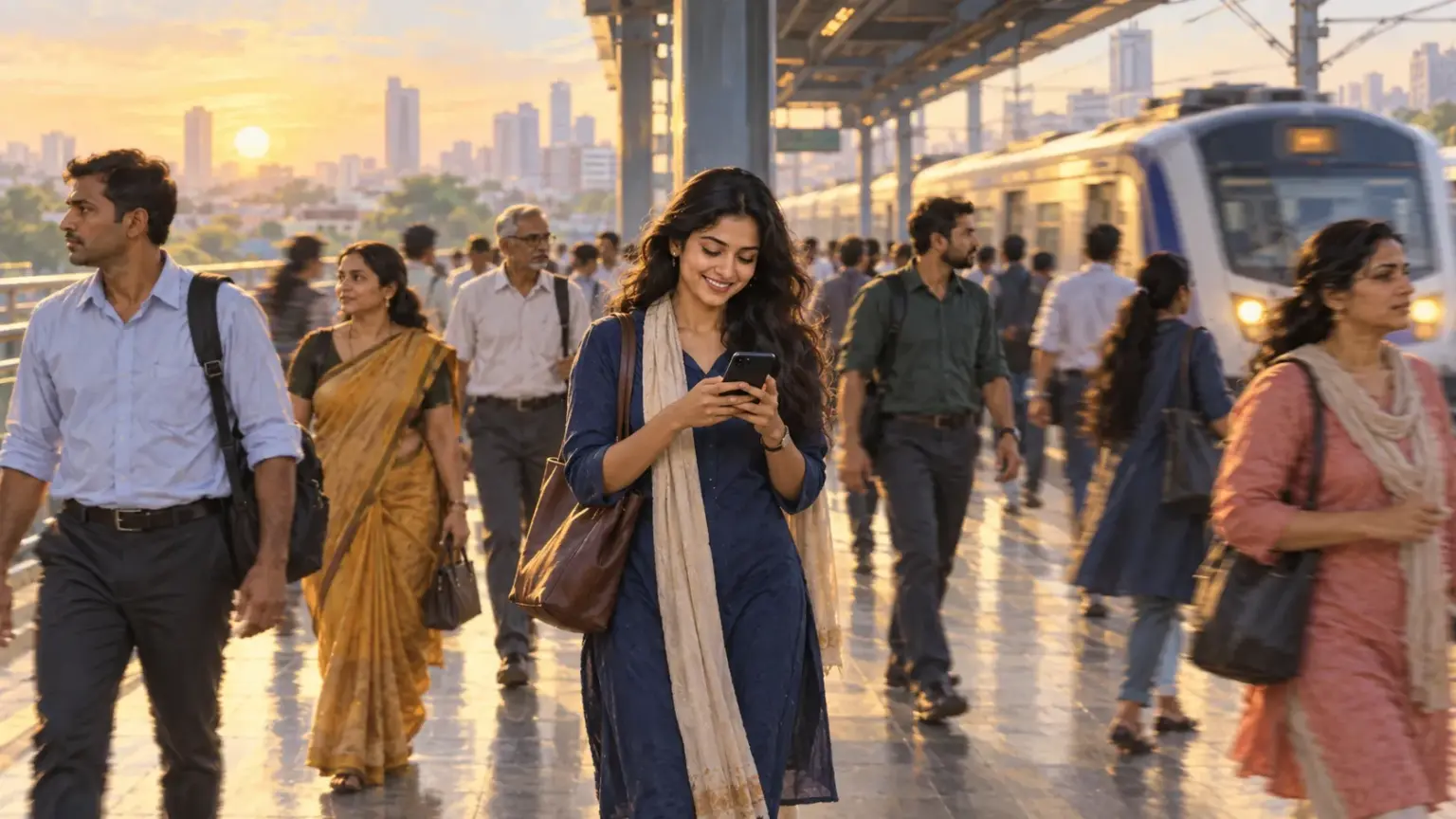 A young woman smiles at her phone on a busy city train platform in the morning rush
