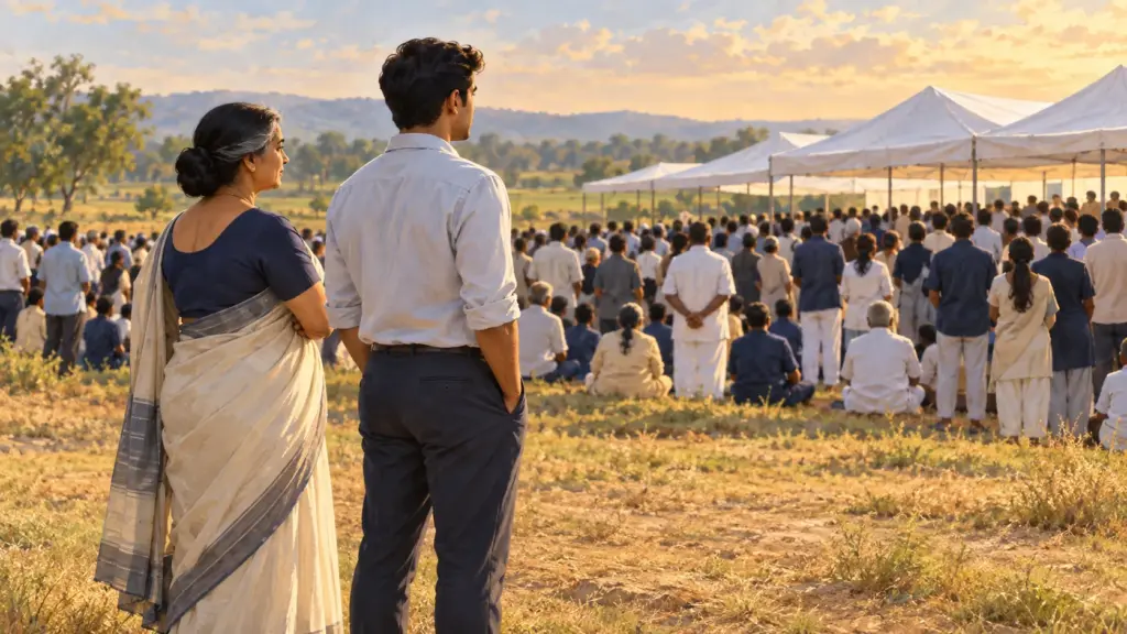 Two election officials watch a campaign rally from the edge of a field