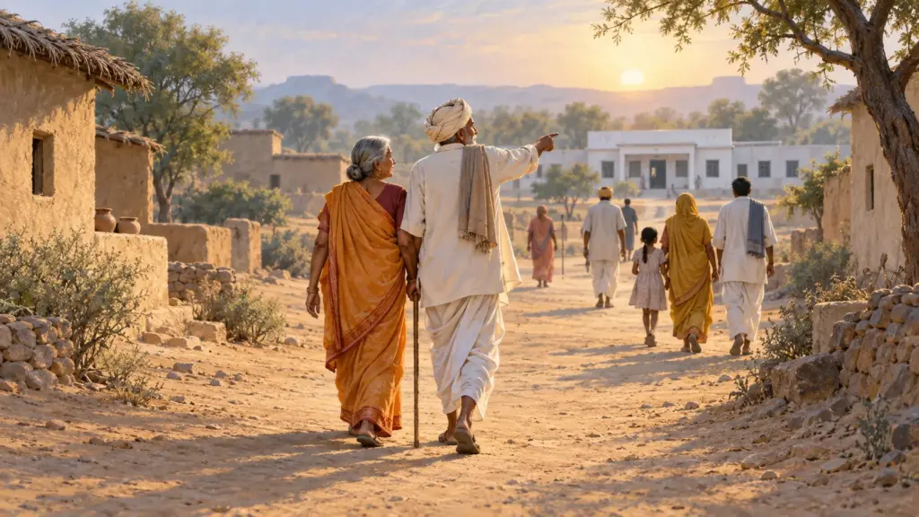 An elderly couple walk along a desert village lane towards the school building where they will vote