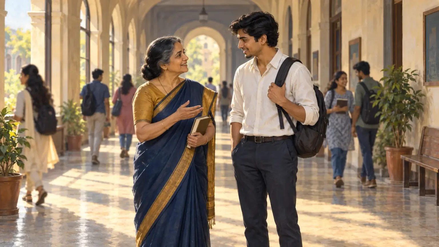 A school teacher and a young graduate chat warmly in a sunlit college corridor
