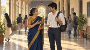 A school teacher and a young graduate chat warmly in a sunlit college corridor