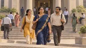 A woman candidate walks up the steps of a district government office with two companions