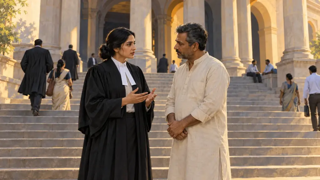A woman advocate in a black gown talks seriously with a man on the steps of a High Court building