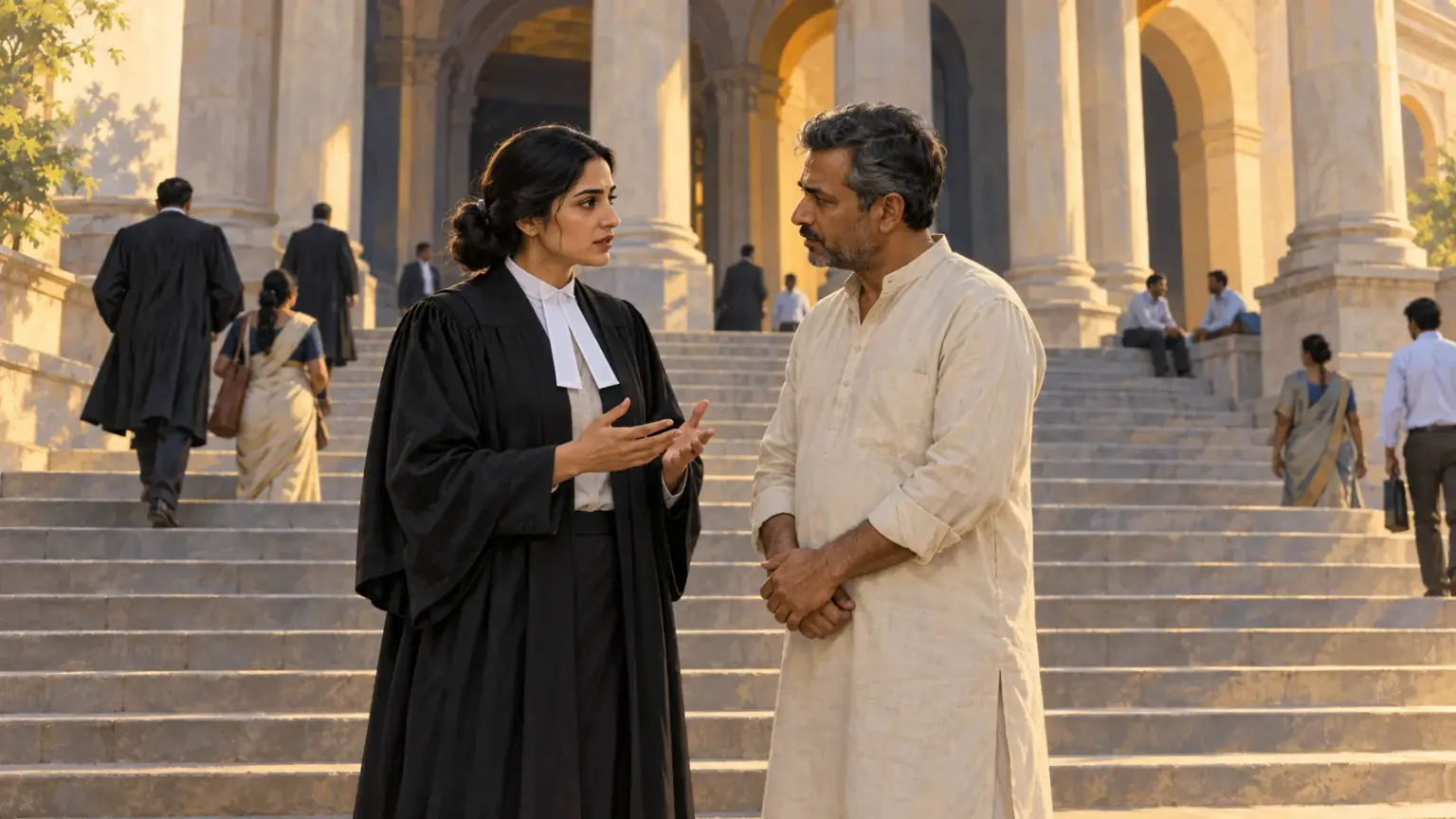 A woman advocate in a black gown talks seriously with a man on the steps of a High Court building