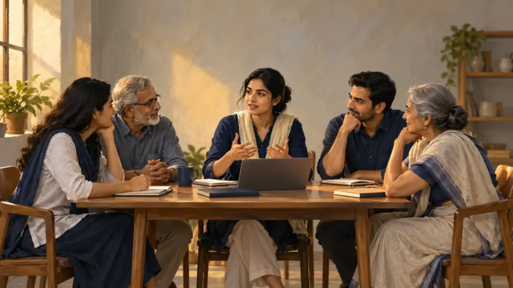 A small group of citizens plan together around a table in a modest office