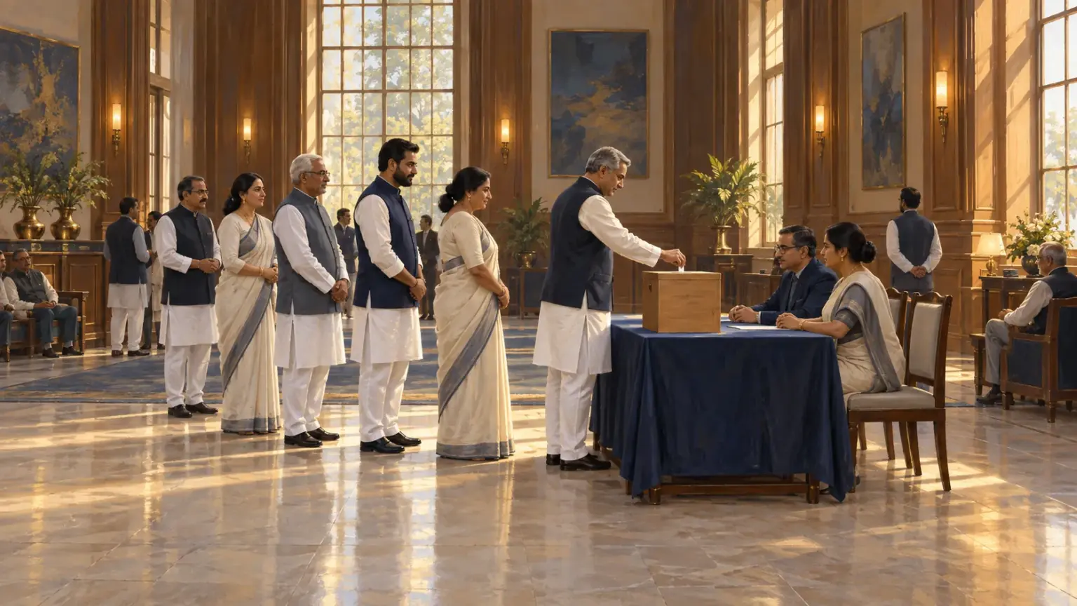 Legislators queue in a high ceilinged hall to cast their votes at a table staffed by officials