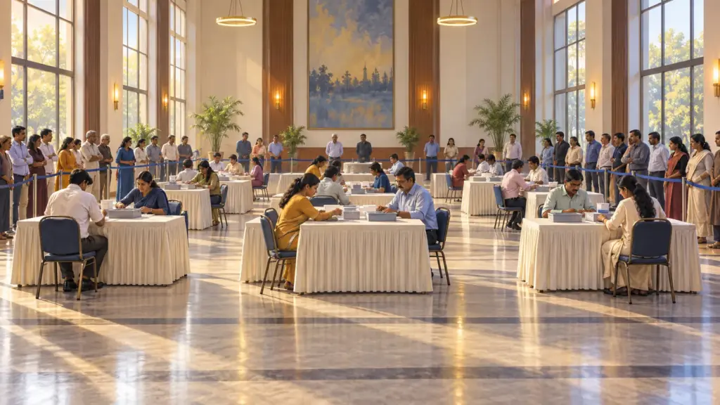 Counting staff at long tables in a bright hall while observers watch from behind a rope barrier