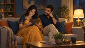 A couple on a sofa in the evening, the wife reading intently on a tablet as her husband listens