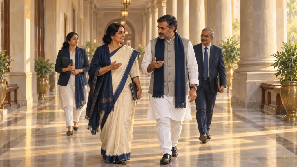 Two elected representatives walk and talk along the colonnaded corridor of a grand government building