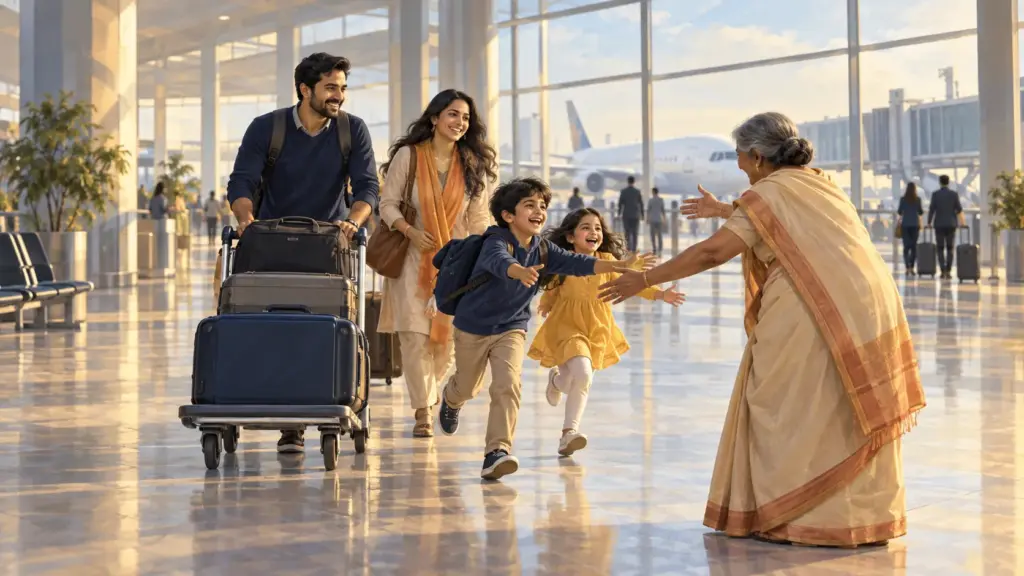 An Indian family returning from abroad are greeted by a grandmother in an airport arrivals hall