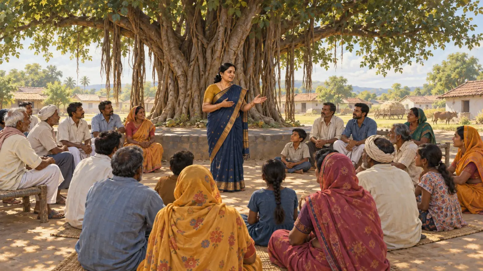 A woman sarpanch addresses villagers of all ages gathered under a large banyan tree