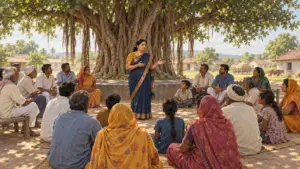 A woman sarpanch addresses villagers of all ages gathered under a large banyan tree