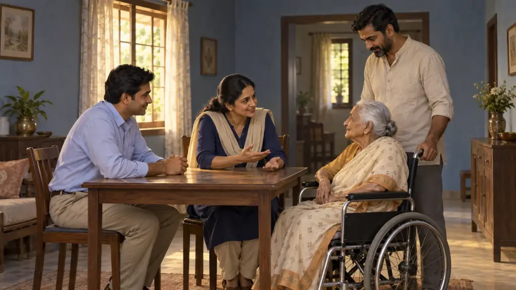 Two polling officials sit with an elderly woman in a wheelchair at her home as her son looks on