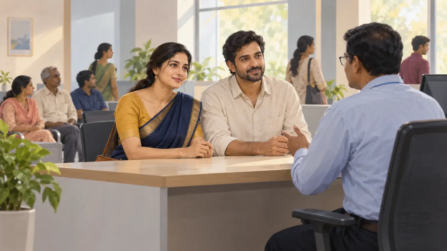 A woman and her husband speak with an official at the counter of an electoral registration office