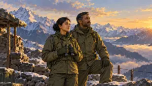 Two soldiers in plain uniform stand at a mountain post at sunrise looking out over snowy peaks