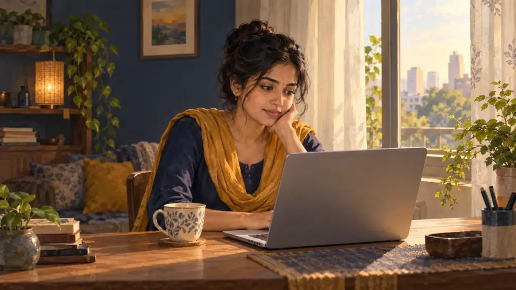 A young woman at a desk by her window thinks over something on her laptop, a cup of tea beside her