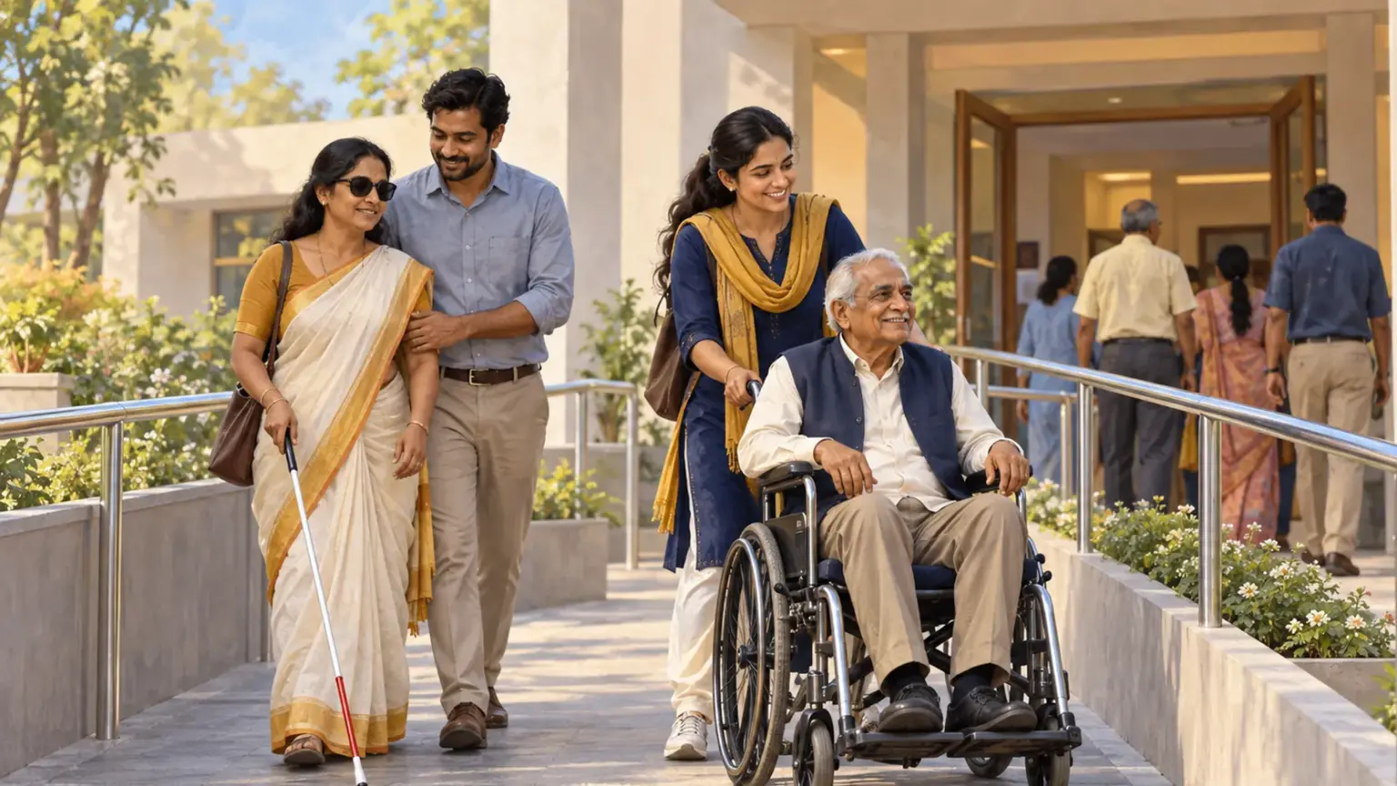 A volunteer helps an older man in a wheelchair up a ramp into a polling station beside a voter with a white cane