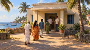 A quiet polling station in a coastal town with a handful of voters and a polling officer at the door