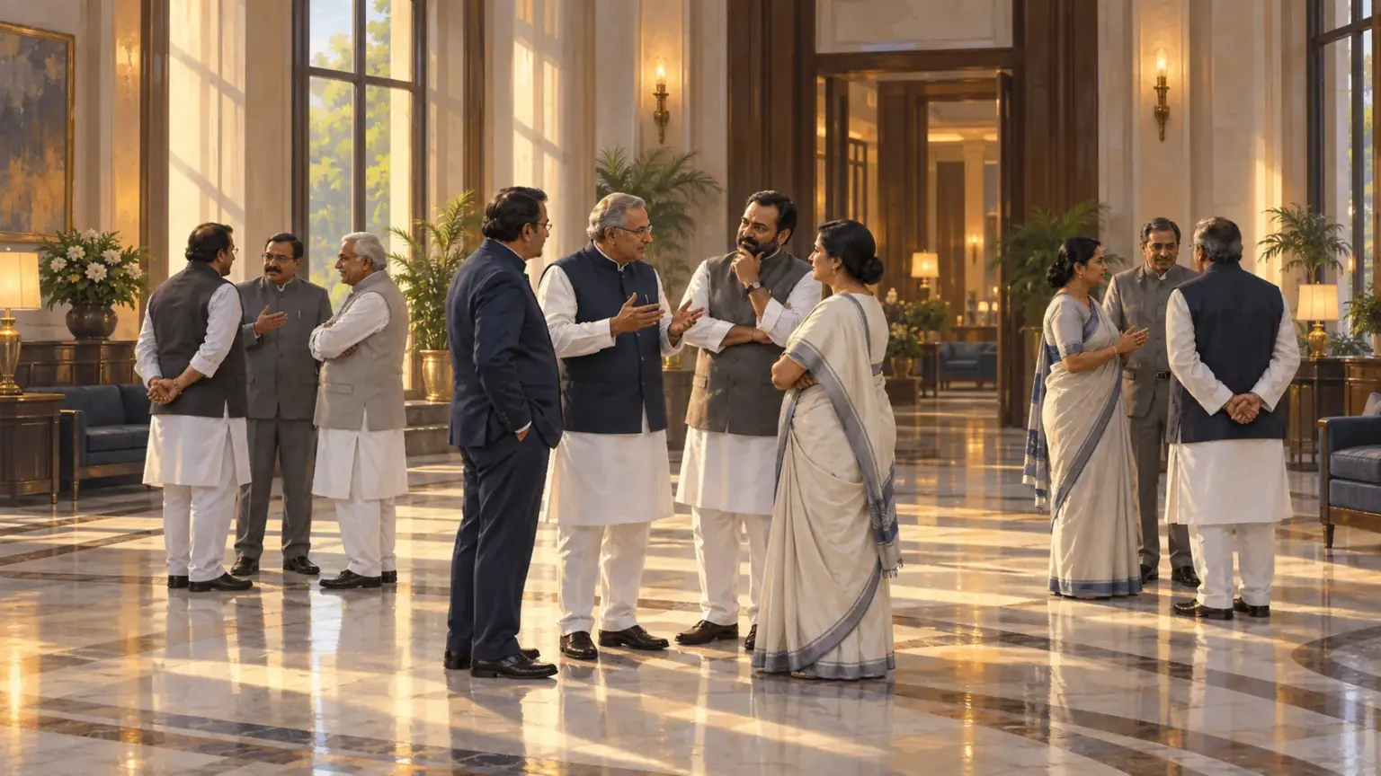 Legislators talk in small separate groups in an ornate lobby under afternoon light