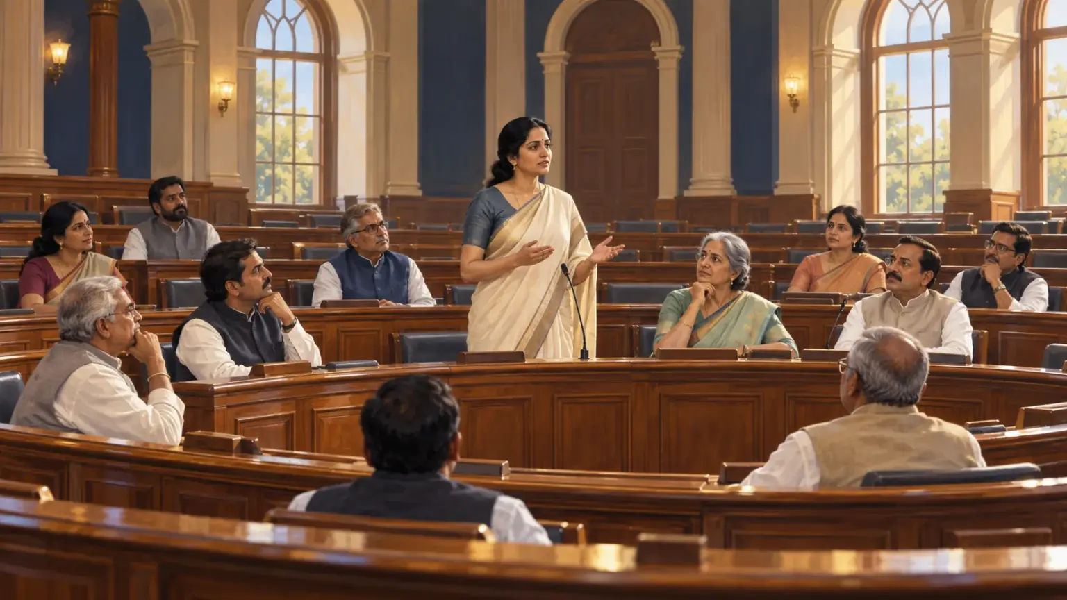 A woman member speaks in a Legislative Council chamber as colleagues listen from wooden benches