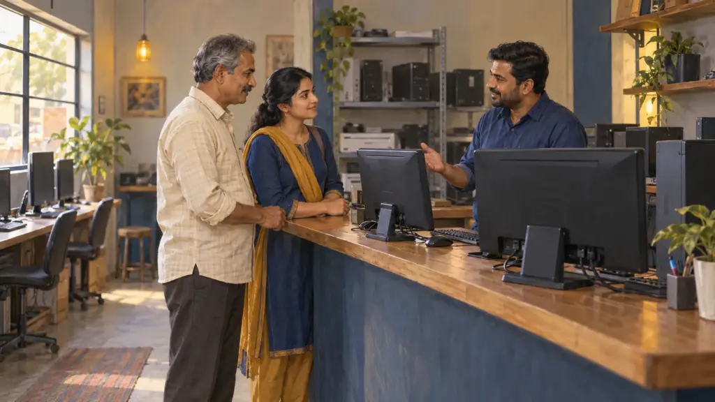 A father and his adult daughter listen as the owner of a small computer centre explains something at the counter