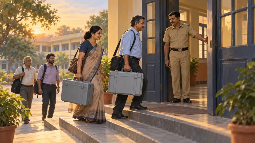 Two polling officials carry sealed equipment cases into a school building as a police constable holds the door