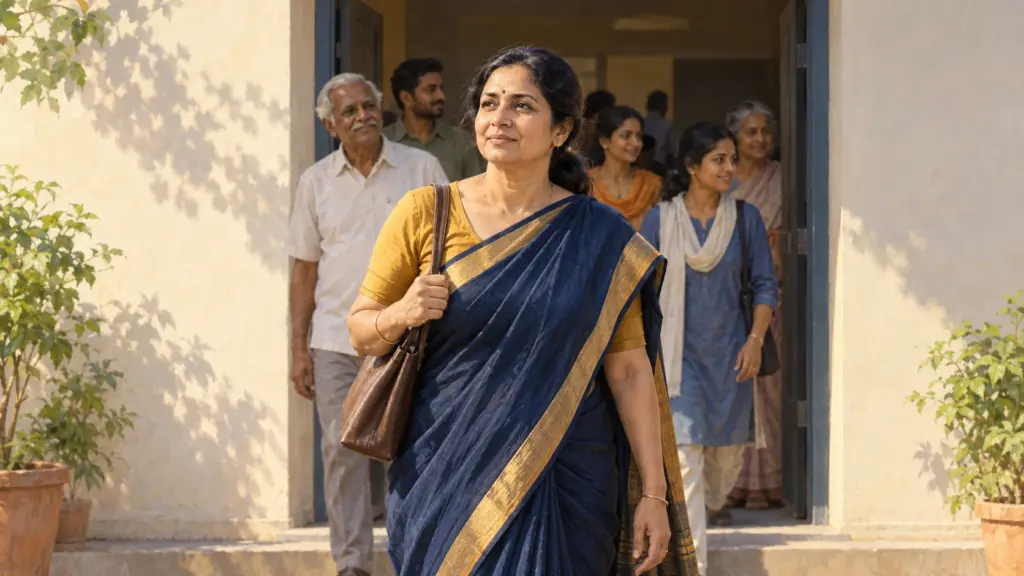 A thoughtful woman steps out of a polling station into bright daylight with a calm, resolute expression