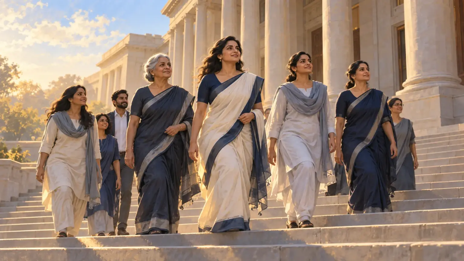 A group of women of different ages walk confidently together on the wide steps of a grand legislature building